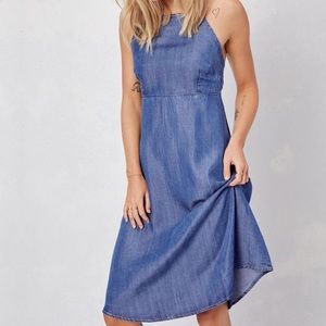 Midi-length halter denim dress open back